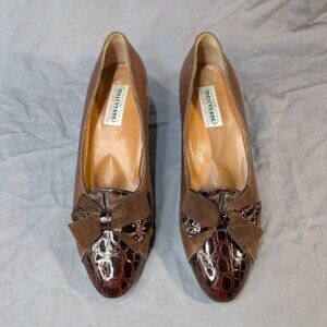 Valleverde Brown Leather Patent Snake Skin Bow Pattern Pumps Women Size 40